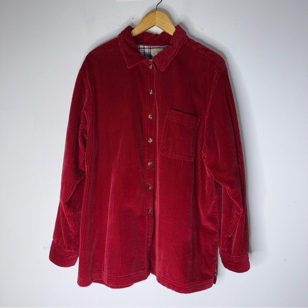 LL Bean Red Corduroy Plaid Fleece Lined Collar Button Down XL